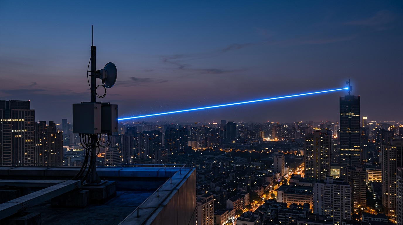 Urban skyline at dusk with two rooftop nodes connected by a brilliant electric blue laser beam traveling diagonally across the frame, representing free space optics transmission between distant communication points.