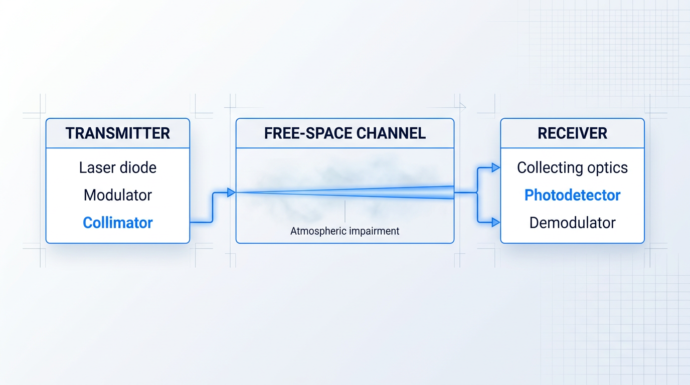 Three-part free space optics system architecture: transmitter (laser diode, modulator, collimator) on left, free-space channel with collimated beam in center, receiver (collecting optics, photodetector, demodulator) on right, connected by electric blue directional arrows.