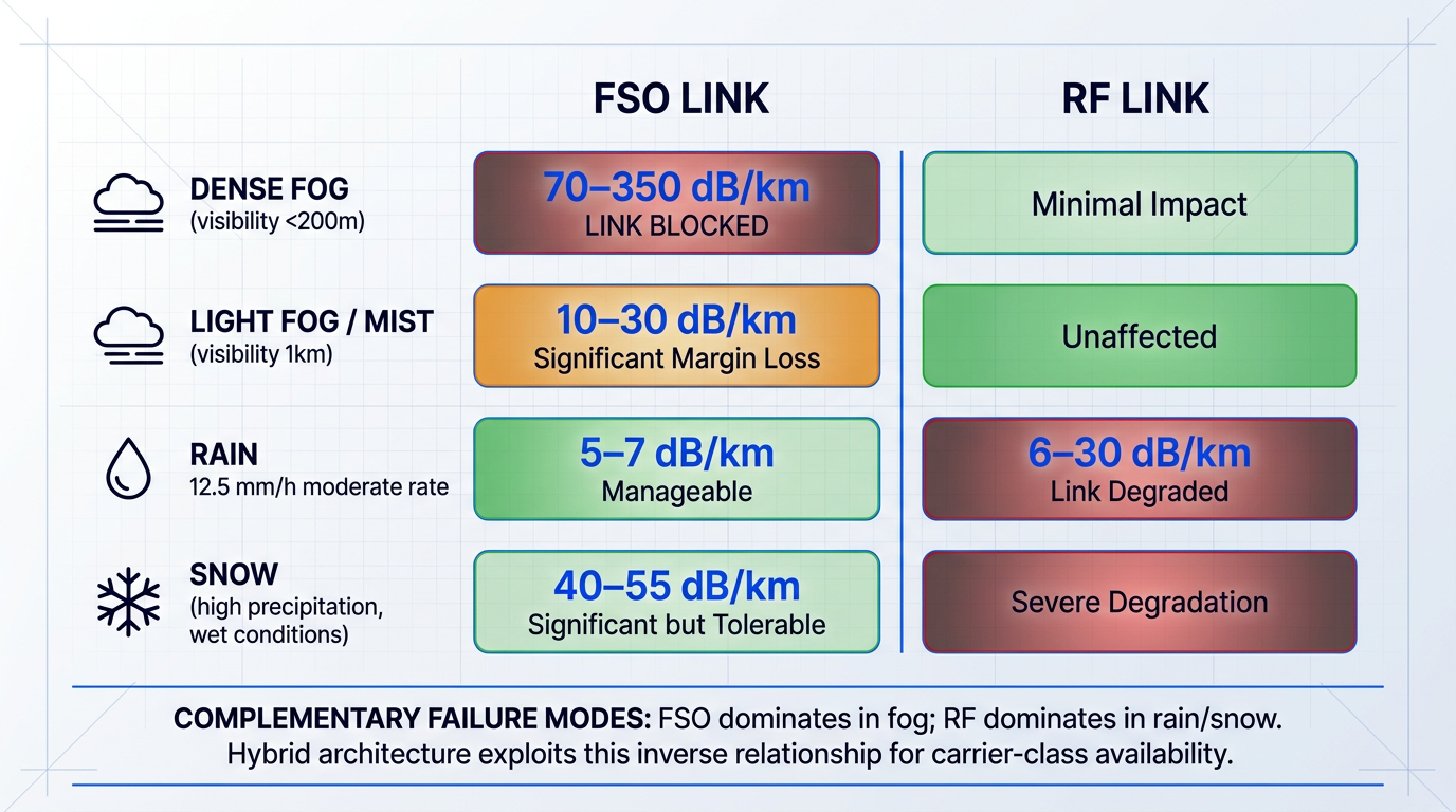 Comparison matrix showing FSO and RF link performance across four weather conditions: dense fog, light fog, rain, and snow. FSO experiences severe attenuation in fog but minimal impact in rain; RF shows inverse pattern with minimal fog impact but significant rain degradation.