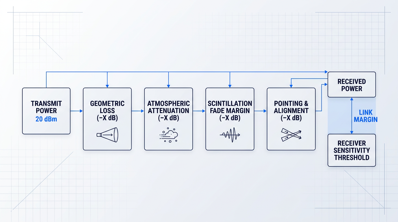Signal chain diagram showing FSO link budget as horizontal power flow from transmit power through geometric loss, atmospheric attenuation, scintillation fade margin, and pointing loss, ending at received power compared against receiver sensitivity threshold with link margin gap highlighted.