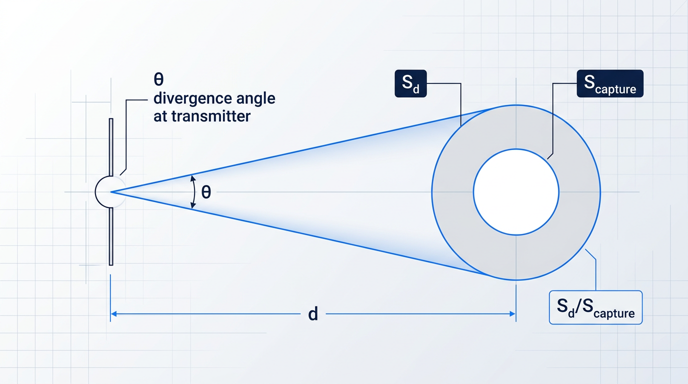 Technical diagram of FSO beam geometry showing transmit aperture emitting cone-shaped beam expanding rightward with distance, receiver aperture S_capture intercepting fraction of expanded beam area S_d, with divergence angle θ and link distance d annotated.