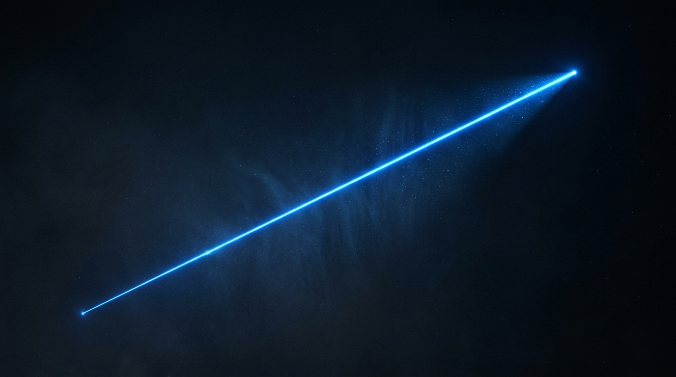 Coherent electric blue laser beam propagating diagonally through dark atmospheric space, suggesting long-range free-space optical link propagation.