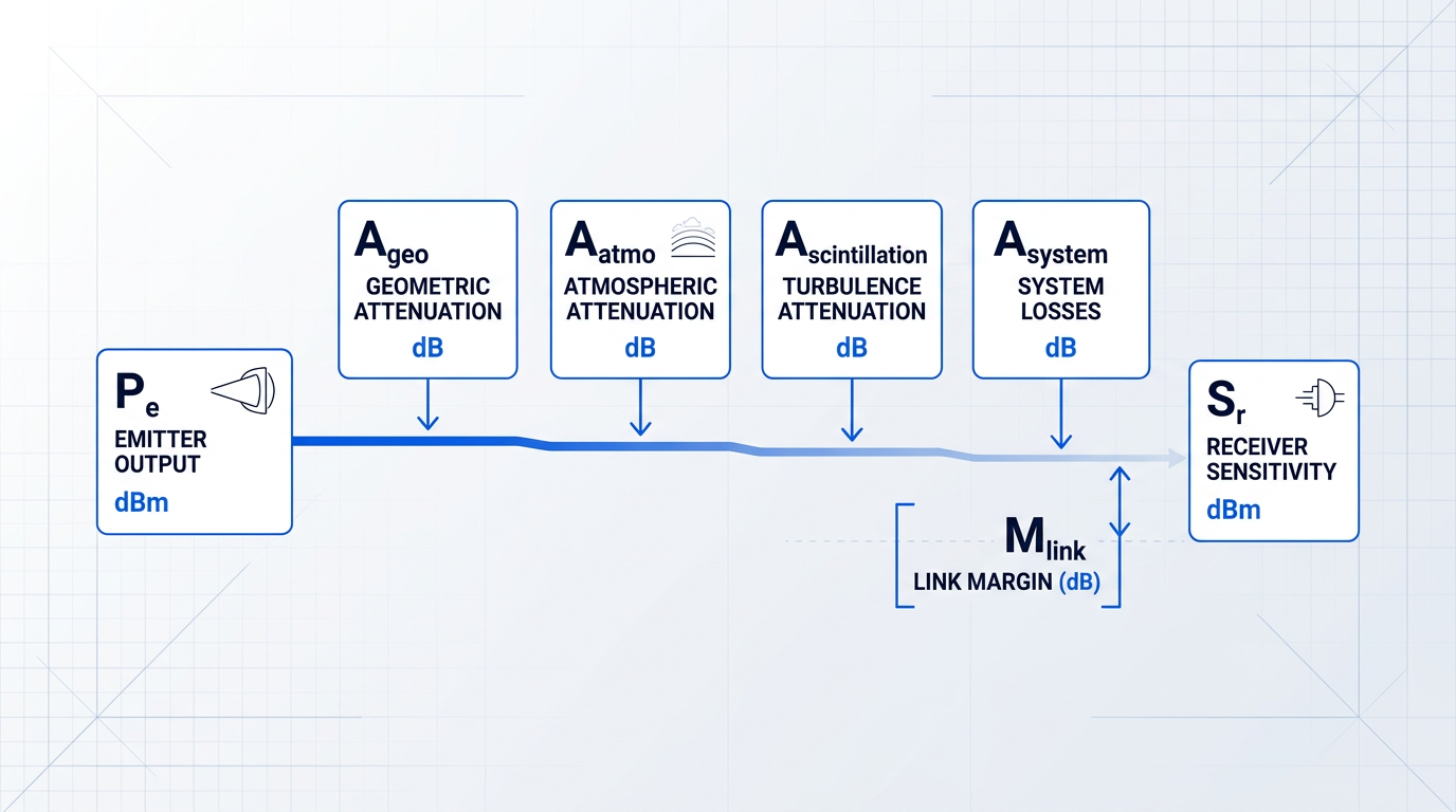 Horizontal power flow diagram showing FSO link budget equation: transmitter output P_e on left, four loss stages (geometric, atmospheric, turbulence, system) progressively reducing signal along central path, receiver sensitivity S_r on right, with M_link margin gap indicated below.