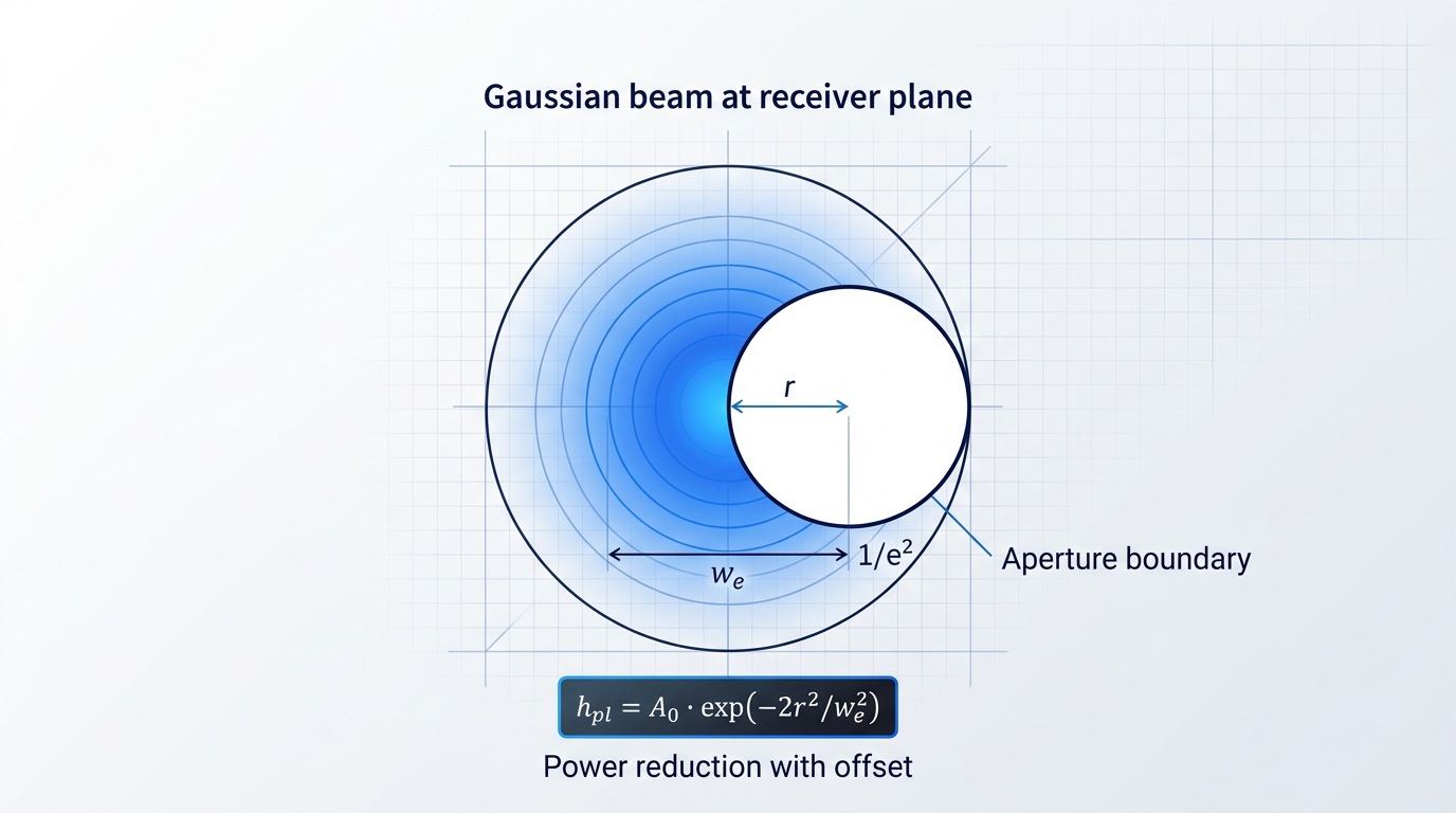 Gaussian beam intensity profile at receiver plane showing concentric rings fading from bright blue center to transparent edges, with off-center white circular aperture displaced by radial distance r, illustrating power loss with misalignment.