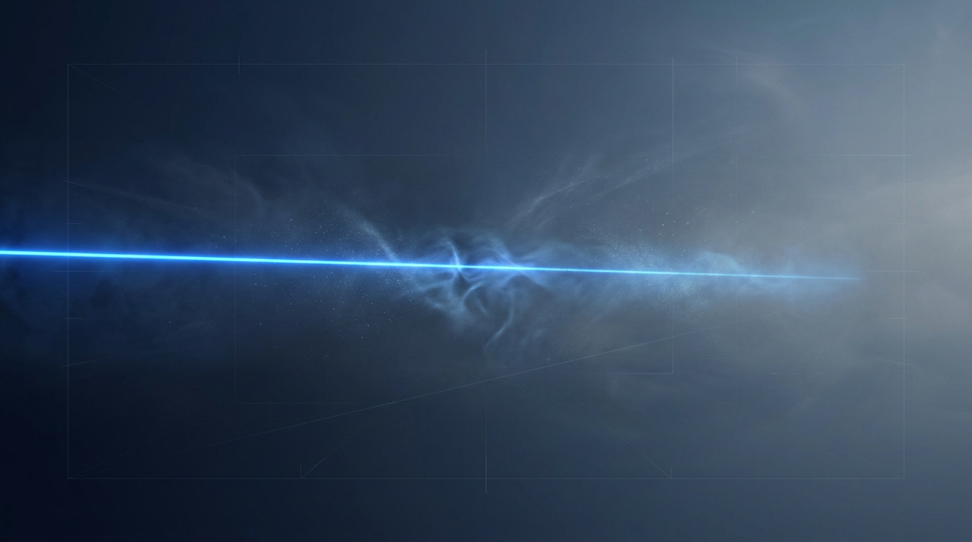 Atmospheric scene showing a bright electric blue laser beam propagating horizontally across a hazy sky, gradually attenuating as it travels from left to right through particulate matter and turbulence.