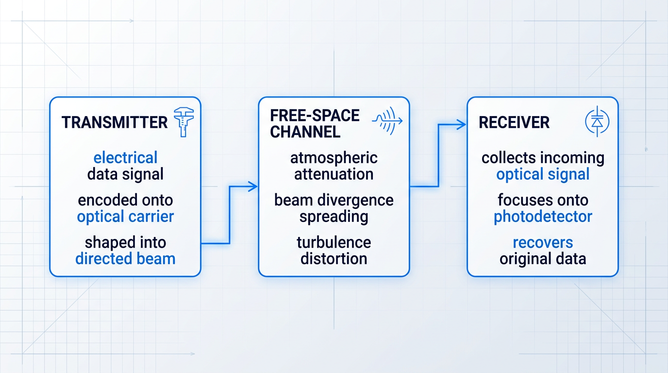 Three-stage horizontal flow diagram showing FSO system architecture: transmitter encoding electrical signals onto optical carriers, free-space channel with atmospheric constraints, receiver collecting and recovering data.