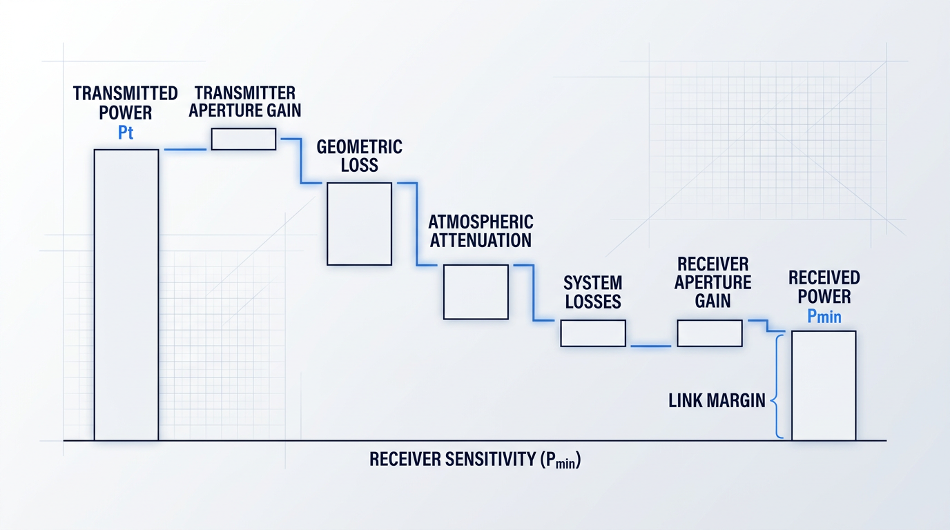 Power-level waterfall diagram showing FSO link budget flow: transmitted power descends through transmitter aperture gain, geometric loss, atmospheric attenuation, and system losses, then receives upward adjustment from receiver aperture gain, ending at received power level with link margin gap above receiver sensitivity threshold.