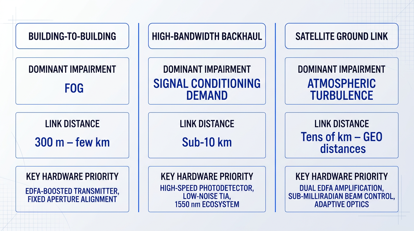 Three-column comparison table showing building-to-building, high-bandwidth backhaul, and satellite ground link FSO applications with dominant impairment, link distance, and key hardware priorities for each.