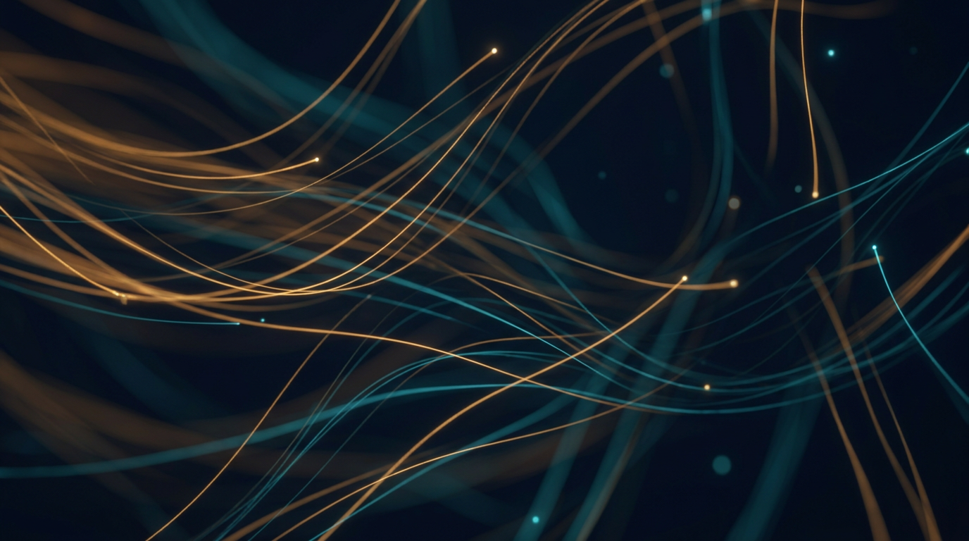Deep space background with warm amber and deep teal light filaments threading through darkness, representing fiber-optic amplification and free-space optical signal transmission.