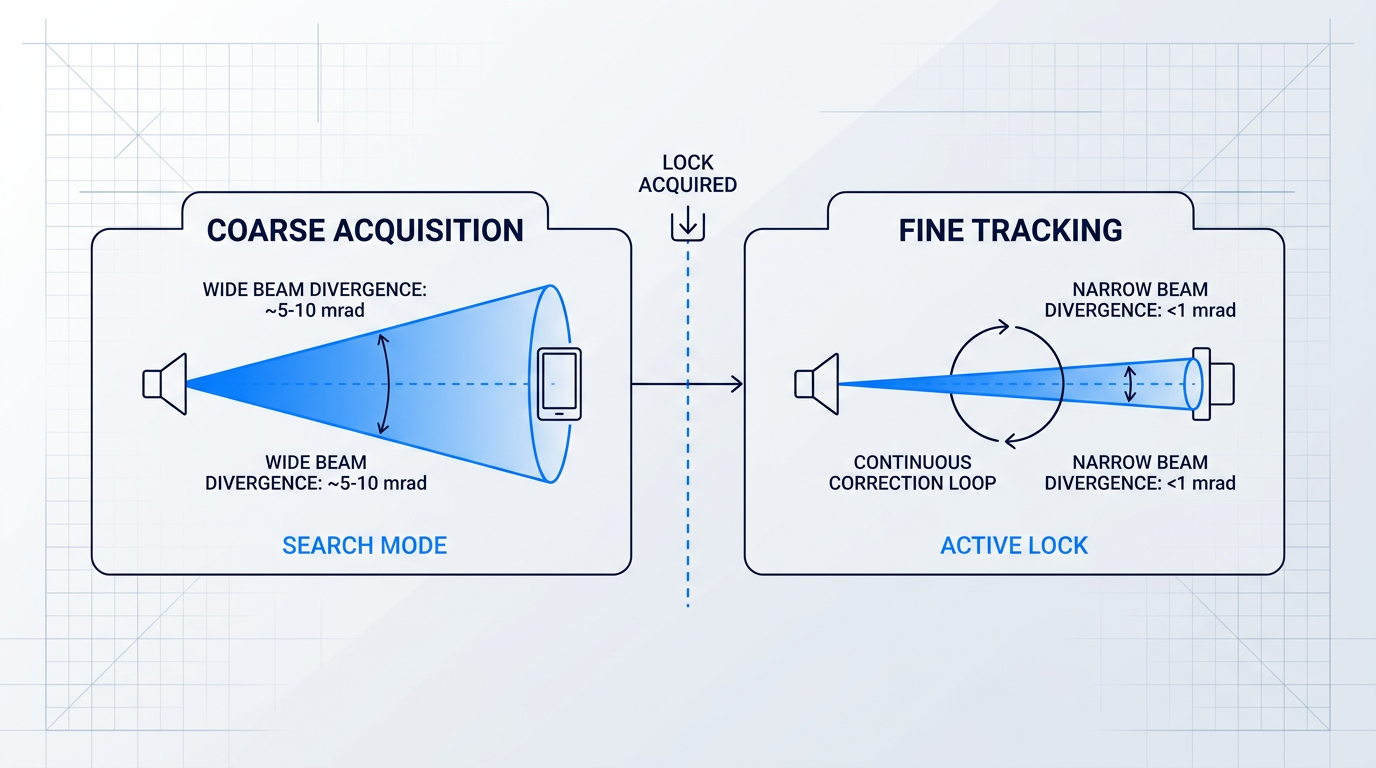 Two-phase PAT process timeline: coarse acquisition phase with wide beacon beam (~5-10 mrad divergence) scanning for remote terminal, transitioning via automated handoff to fine tracking phase with narrow data beam (<1 mrad divergence) and continuous closed-loop correction feedback.