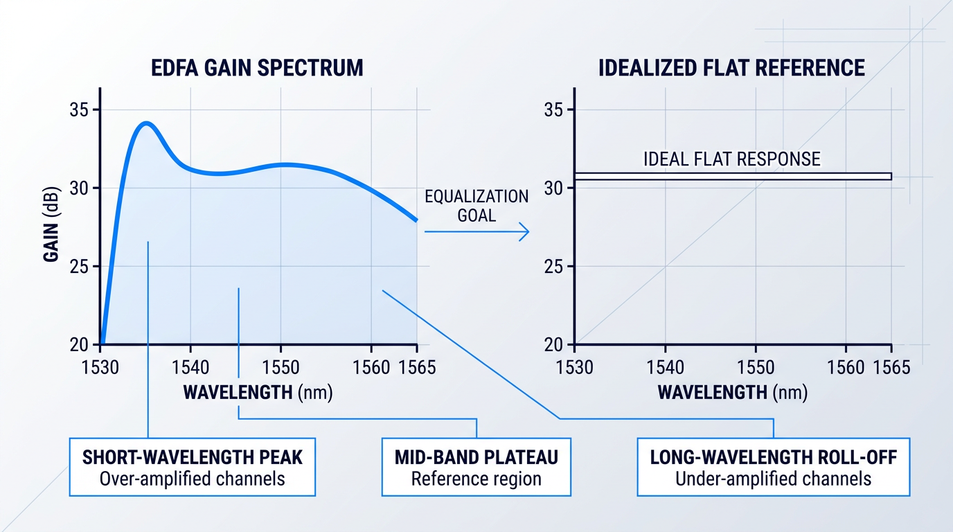 Dual-axis chart comparing EDFA gain spectrum across C-band wavelengths (1530–1565 nm) against idealized flat response, showing pronounced short-wavelength peak, mid-band plateau, and long-wavelength roll-off with annotation boxes identifying over-amplified, reference, and under-amplified regions.
