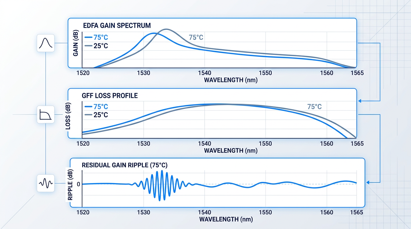 Three stacked spectral response graphs showing EDFA gain spectrum and GFF loss profile at 25°C and 75°C, with residual gain ripple at 75°C illustrating temperature-induced equalization degradation in the 1530–1535 nm region.