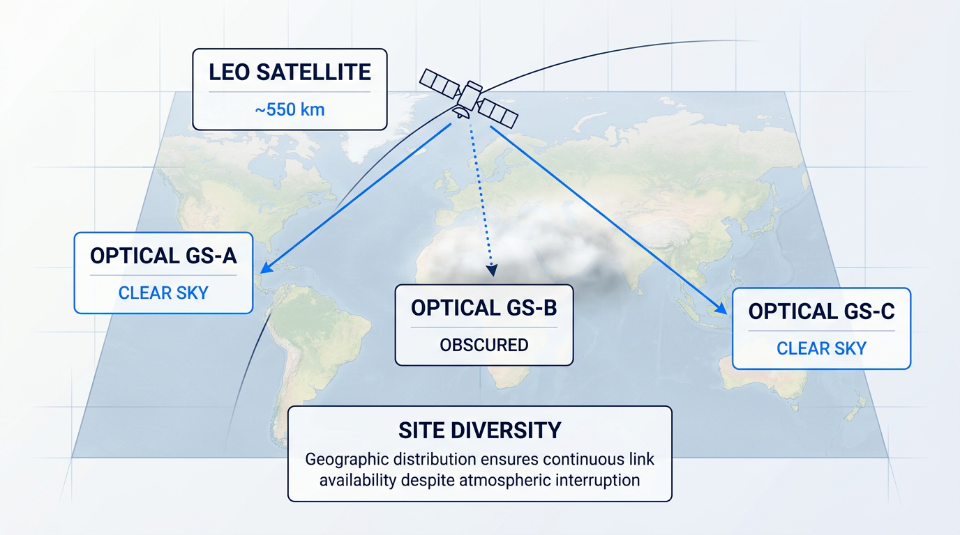 Map-based infographic showing LEO satellite passing over three distributed optical ground stations: one with clear sky and active link (electric blue), one obscured by cloud cover with inactive link, one with clear sky and active link. Routing arrows show data path switching to clear-sky stations.
