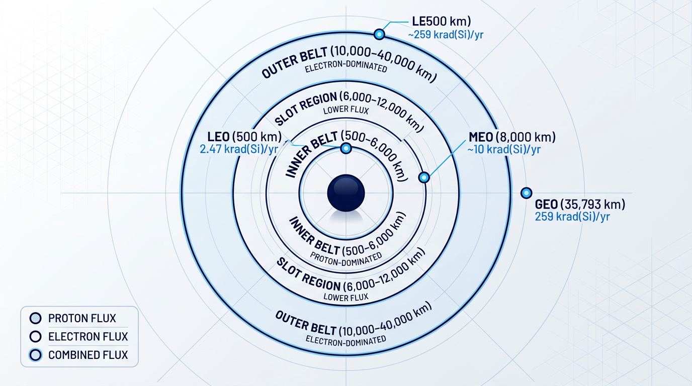 Concentric circular diagram of Van Allen radiation belts showing inner belt (500–6,000 km, proton-dominated), slot region (6,000–12,000 km), and outer belt (10,000–40,000 km, electron-dominated) with Earth at center and LEO, MEO, GEO orbit positions marked with annual TID values.