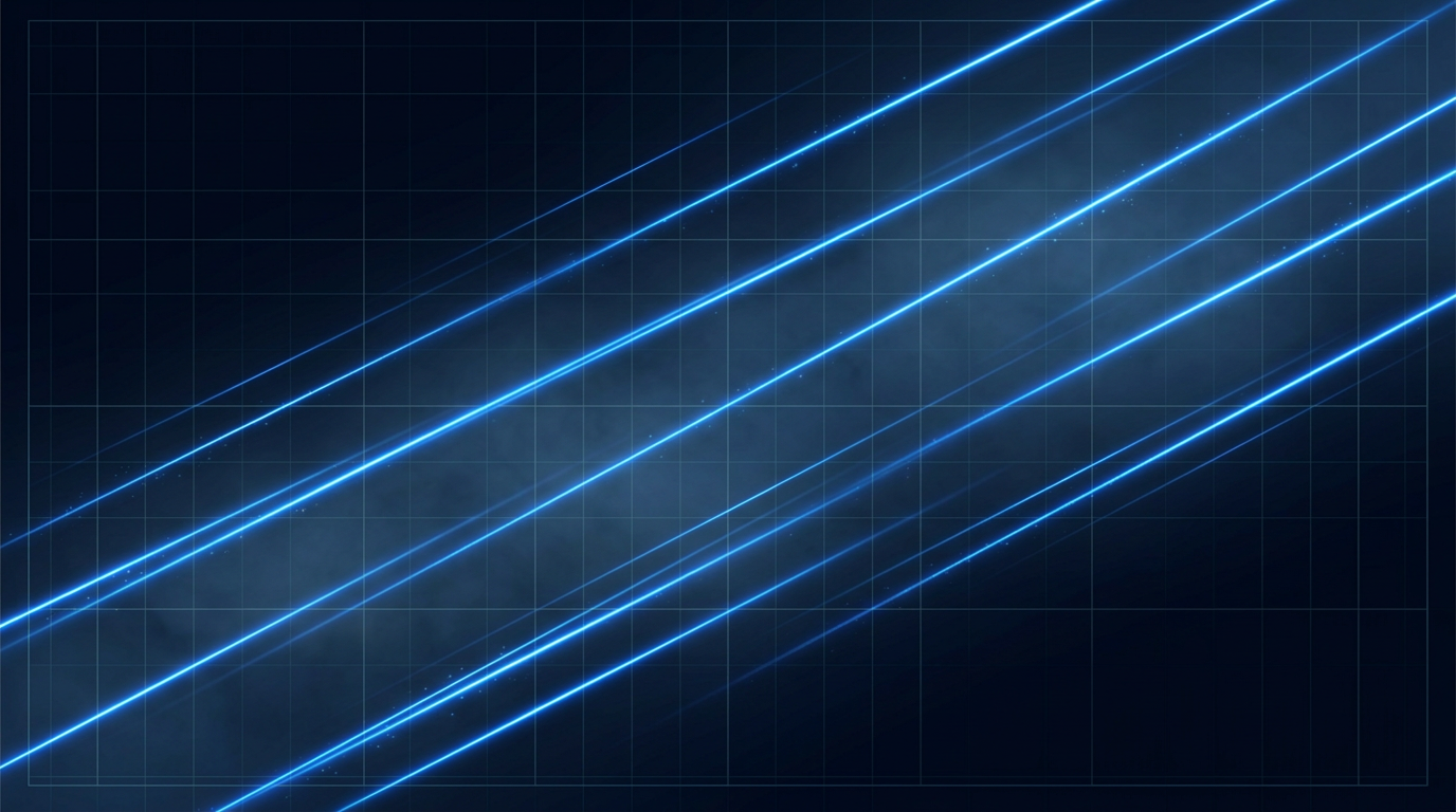 Deep space background with electric blue laser beams propagating diagonally across dark navy gradient, representing 1550 nm infrared light transmission in free-space optical communication links.
