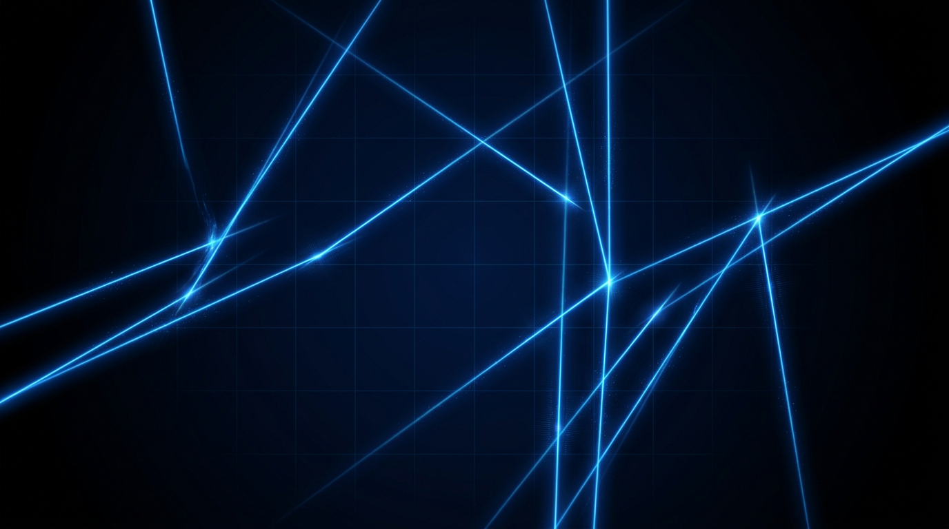 Deep space environment with multiple electric blue laser beams propagating diagonally and vertically, with bright intersection points and subtle geometric grid overlay suggesting satellite optical ground link geometry.