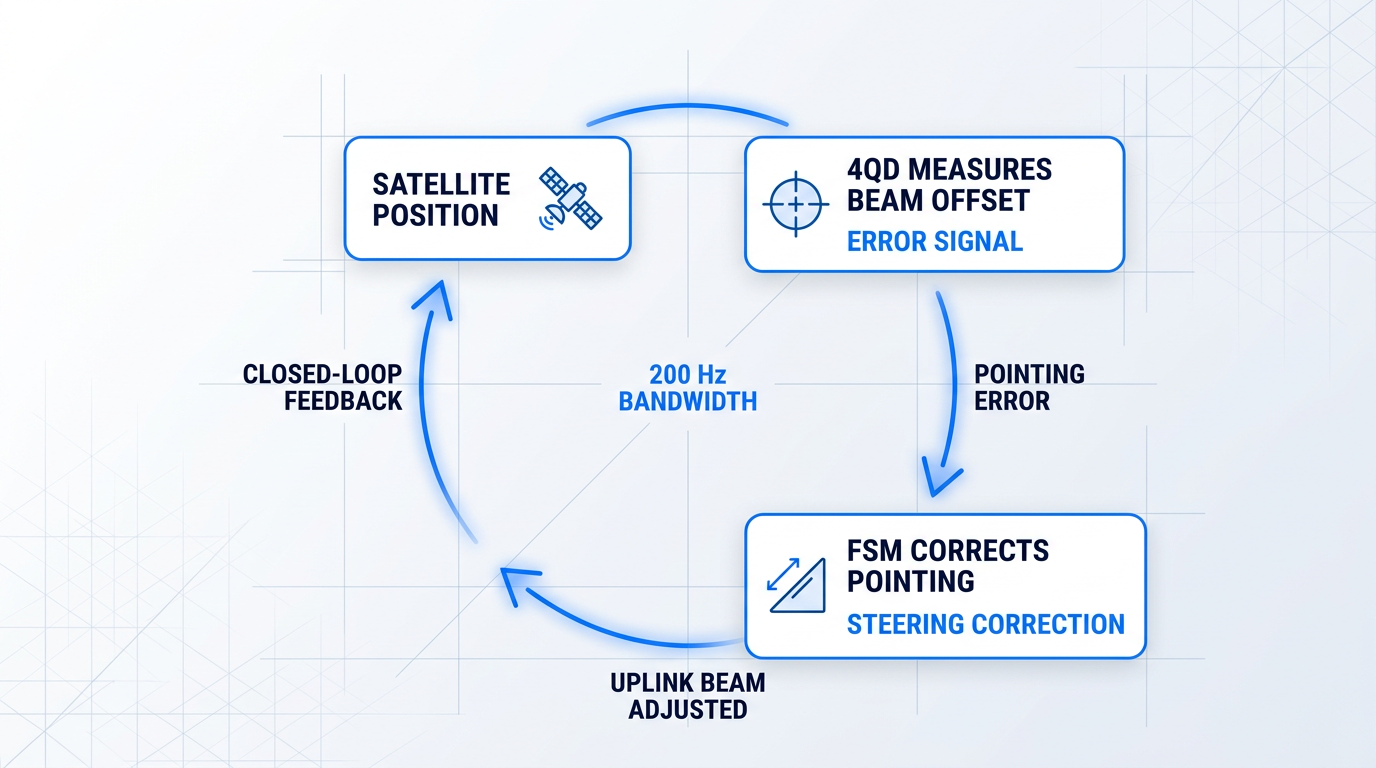 Closed-loop feedback diagram showing four-quadrant detector measuring beam offset, generating error signal to fine steering mirror for real-time pointing correction at 200 Hz bandwidth.