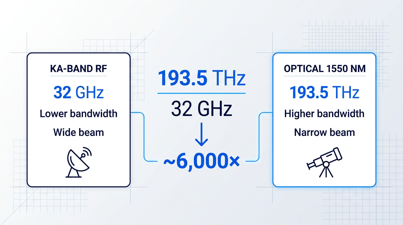 Three-column comparison infographic showing Ka-band RF at 32 GHz versus optical 1550 nm at 193.5 THz, with a central 6,000× frequency ratio indicator and icons representing antenna and telescope technologies.