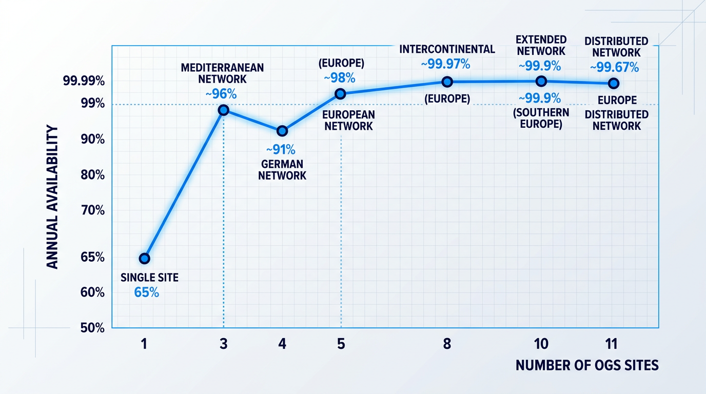 Network availability curve showing annual link availability percentages (65% to 99.97%) plotted against number of optical ground stations (1 to 11 sites), demonstrating steep improvement from single-site to five-site networks.