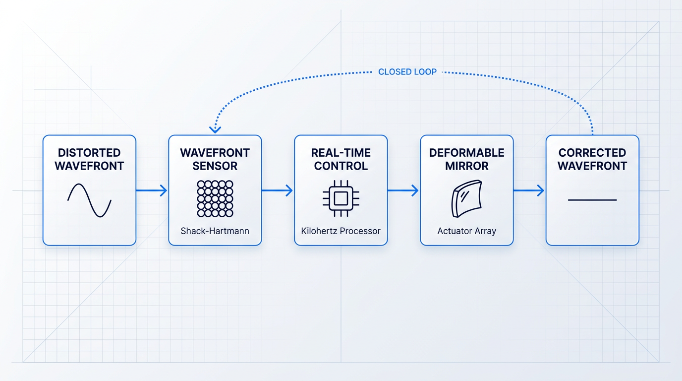 Process flow diagram showing adaptive optics closed-loop architecture: distorted wavefront enters Wavefront Sensor (Shack-Hartmann), feeds to Real-Time Control Computer, which commands Deformable Mirror to output corrected wavefront, with feedback loop returning corrected signal to sensor.
