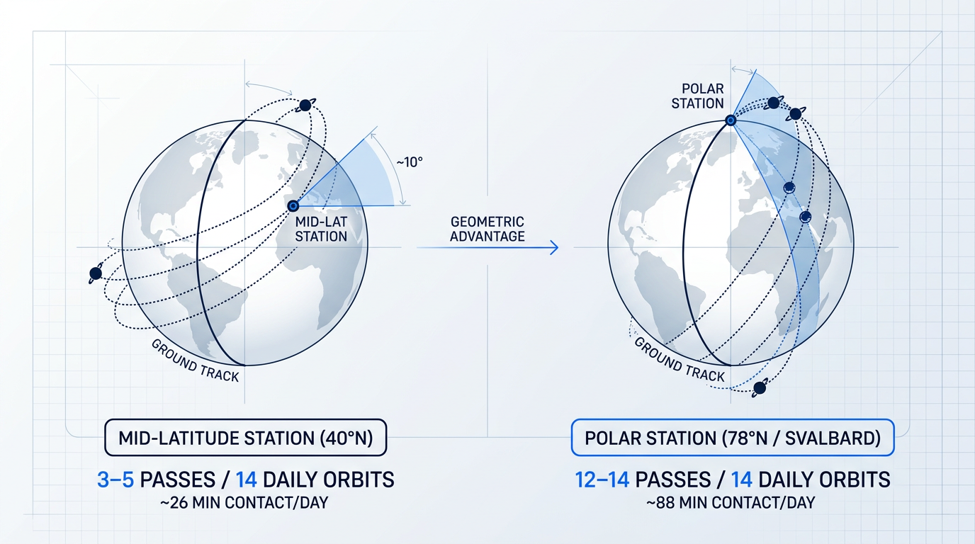 Side-by-side orbital geometry comparison showing polar orbit ground tracks intersecting with mid-latitude and polar ground station contact windows, illustrating why polar stations intercept 12-14 daily passes versus 3-5 at mid-latitudes.