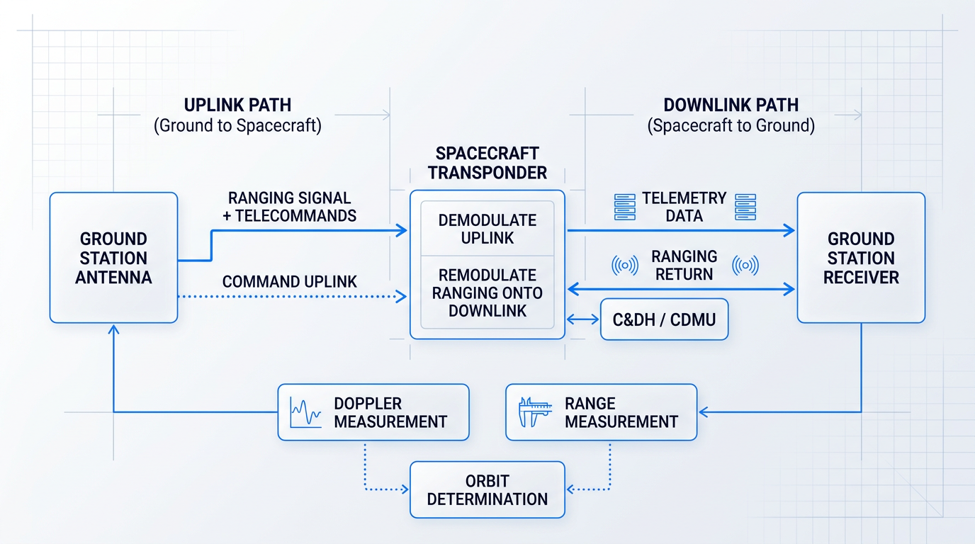 TT&C signal chain flow diagram showing uplink path from ground station antenna transmitting ranging signal and telecommands to spacecraft transponder, transponder demodulating and remodulating signals, C&DH system managing data, and downlink path returning telemetry and ranging data to ground receiver, with doppler and range measurements feeding orbit determination.