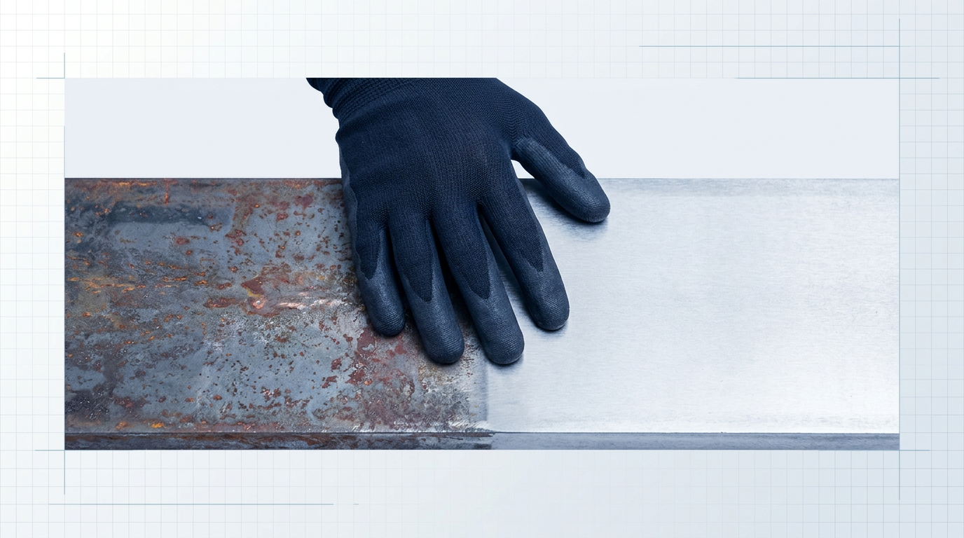 Gloved hand running across metal surface showing stark contrast between darker rusted area on left and bright bare metal on right, demonstrating visual inspection verification.