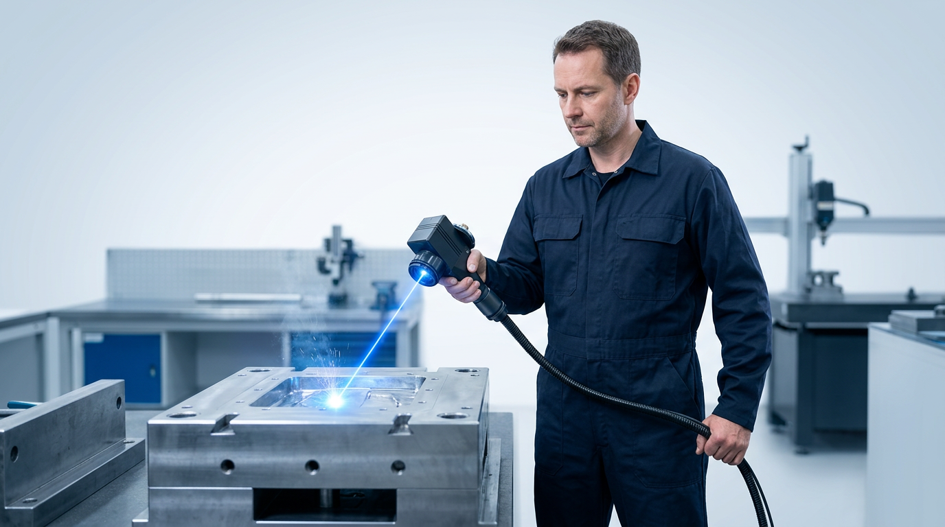 Operator in navy coveralls holding handheld laser scanner at correct standoff distance from metal workpiece, elbow close to body, demonstrating proper ergonomic technique in bright industrial workshop.