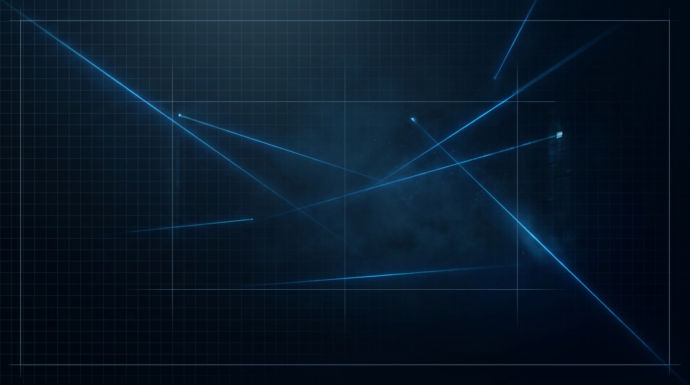 Deep dark industrial workspace with electric blue laser beams crossing through geometric grid patterns and faint construction lines, suggesting precision laser technology and advanced manufacturing capability.