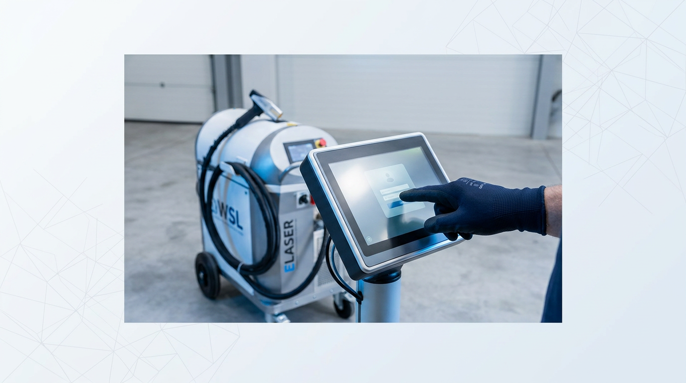 Gloved hand activating touchscreen control panel on ELASER laser cleaning unit in bright workshop, machine visible in background with cable routing.