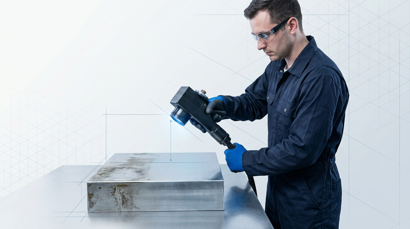 Operator in dark coveralls holding ELASER handheld laser scanner perpendicular to brushed stainless steel workpiece, with clear visible gap showing standoff distance of approximately 150mm between scanner lens and metal surface.