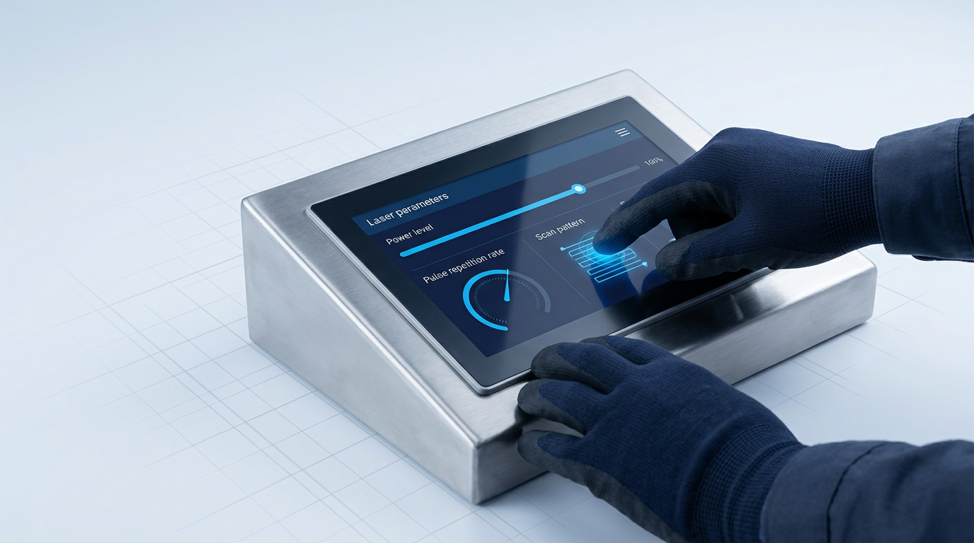 Operator's hands in work gloves interact with industrial touchscreen control panel displaying laser power, pulse repetition rate, and scan pattern parameters for handheld laser cleaning machine configuration.