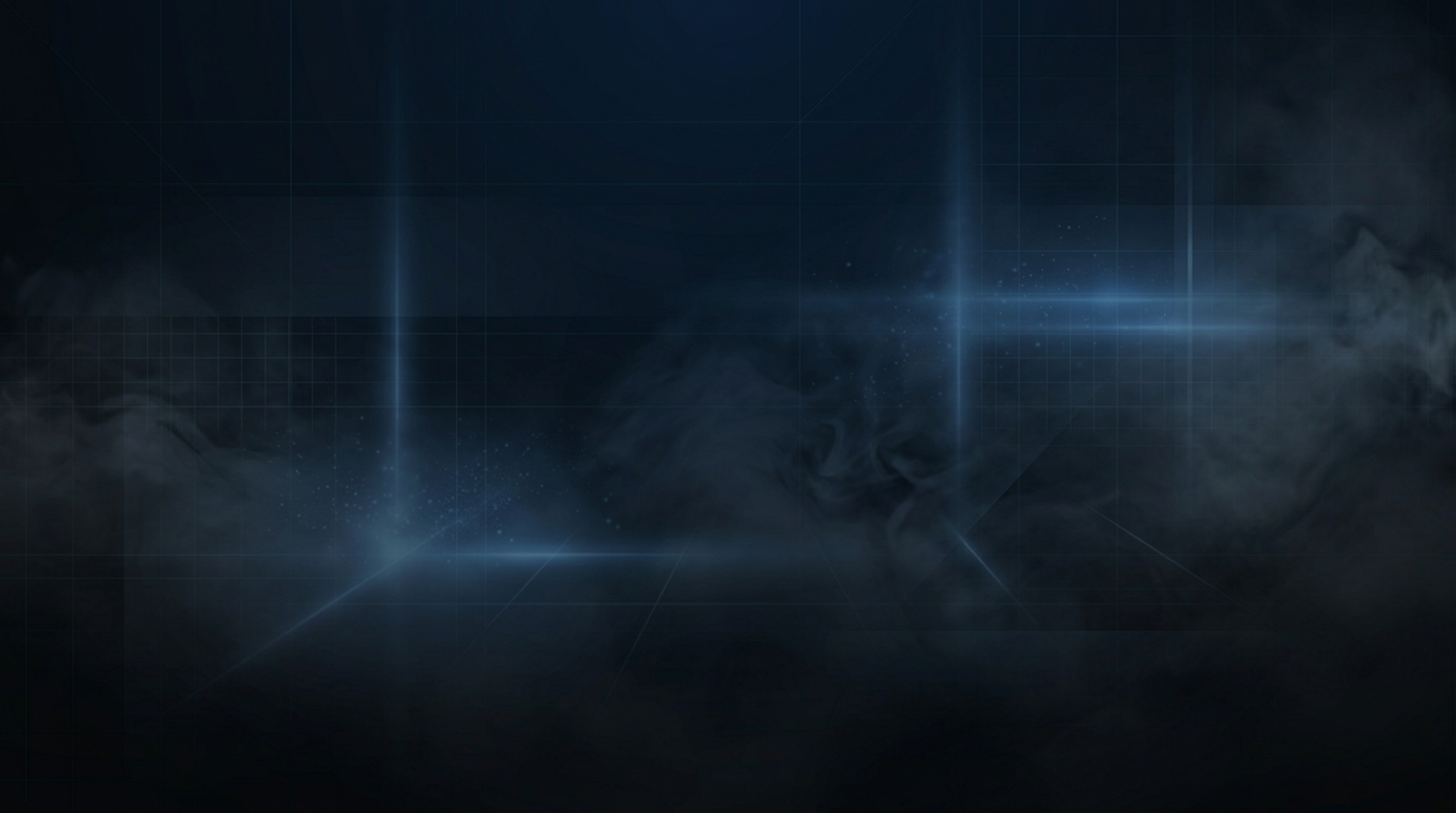 Abstract atmospheric industrial environment with deep navy and charcoal tones, subtle electric blue glows suggesting laser energy, and faint geometric grid patterns in a precision technology setting.
