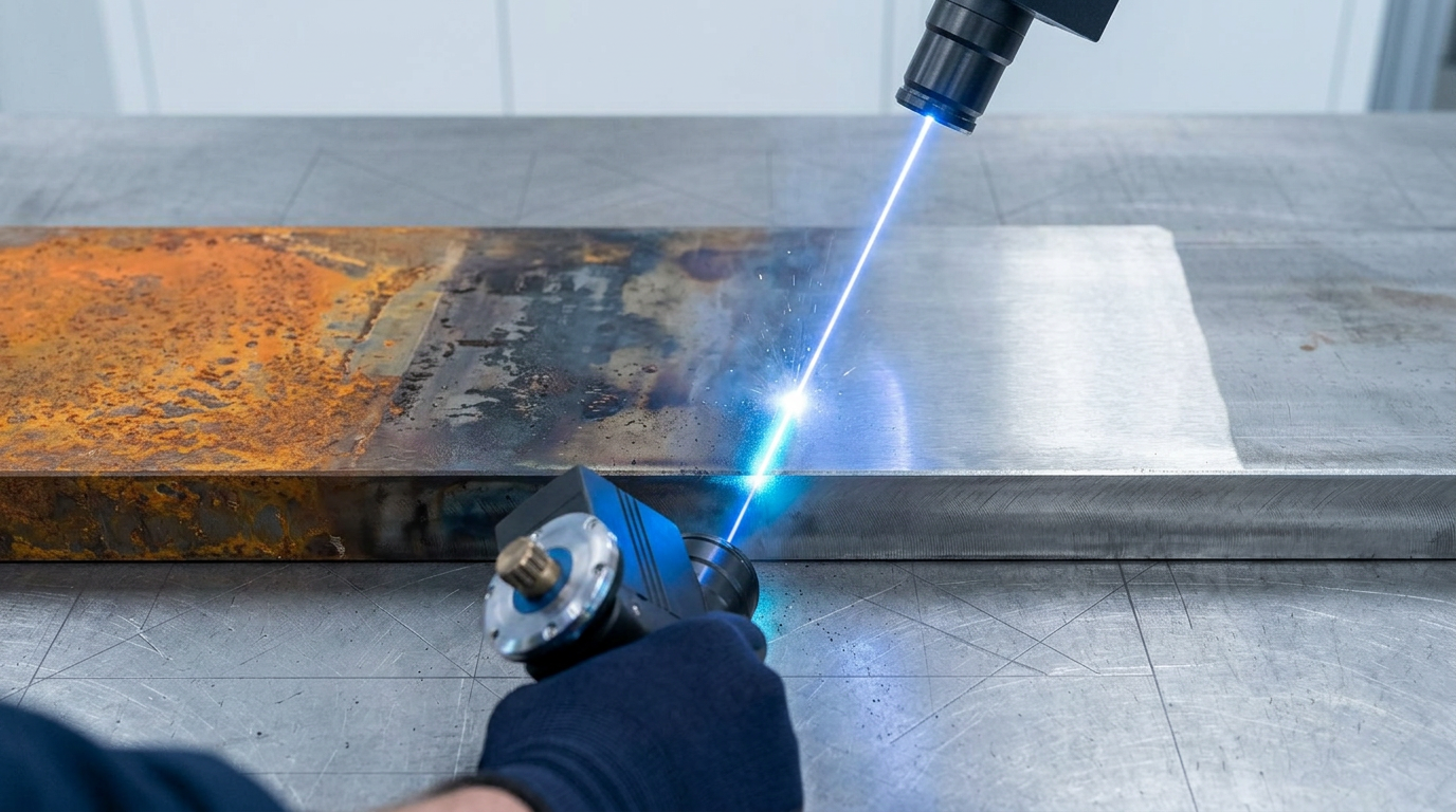 Close-up of handheld laser cleaning scanner head directed at steel workpiece surface showing three zones: heavy rust on left, dark mill scale in center, and bright cleaned bare steel on right where laser has passed, with blue laser beam visible at contact point.