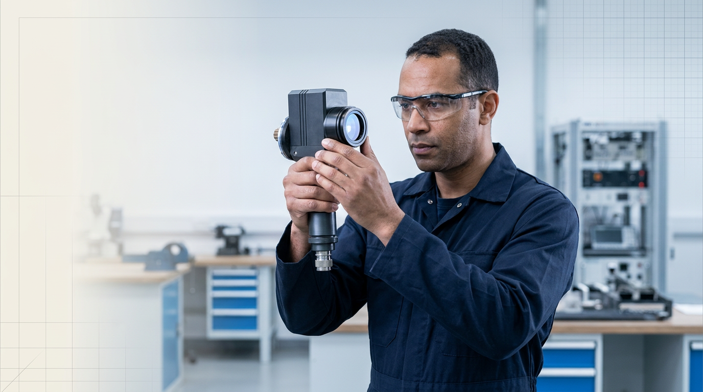 Technician in dark coveralls carefully inspecting the lens protection window of a handheld laser scanner head under bright workshop lighting, examining it closely for contamination or damage.