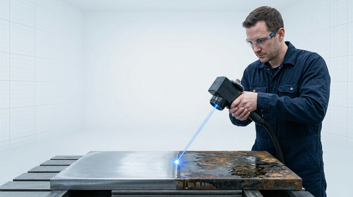 Engineer in navy coveralls holding handheld laser cleaning scanner, demonstrating controlled pass technique on steel surface with visible cleaning effect—bright bare metal on one side contrasting with dark oxidation on the other.