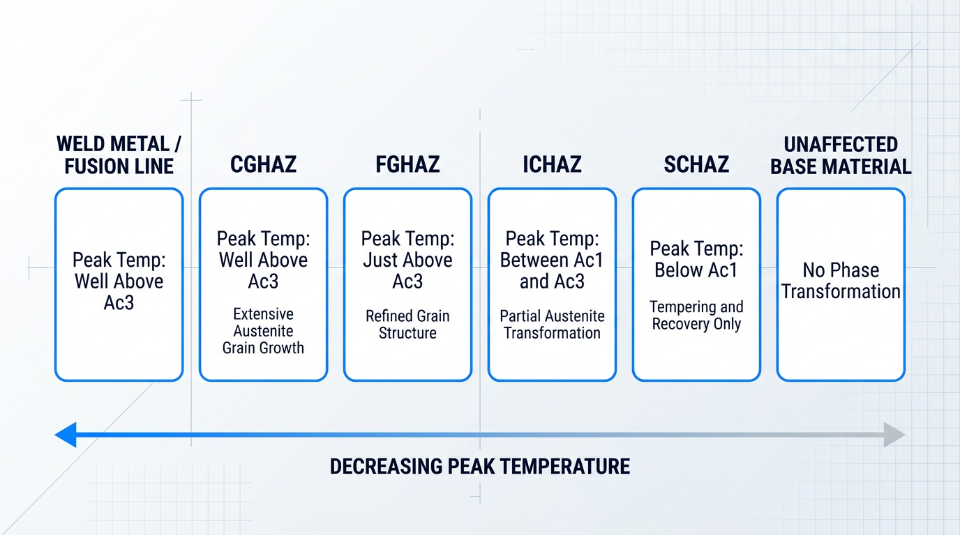 Cross-sectional schematic of heat-affected zone showing five zones left to right: Weld Metal/Fusion Line, CGHAZ (peak temp well above Ac3), FGHAZ (peak temp just above Ac3), ICHAZ (peak temp between Ac1 and Ac3), SCHAZ (peak temp below Ac1), and Unaffected Base Material. Temperature gradient arrow beneath zones transitions from electric blue (high) to grey (low).