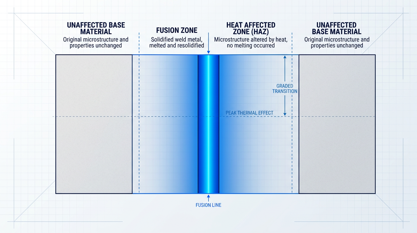 Cross-sectional diagram of a weld showing three zones: central fusion zone in electric blue, surrounding heat affected zone with gradient shading indicating graded thermal effects, and outer unaffected base material in grey.