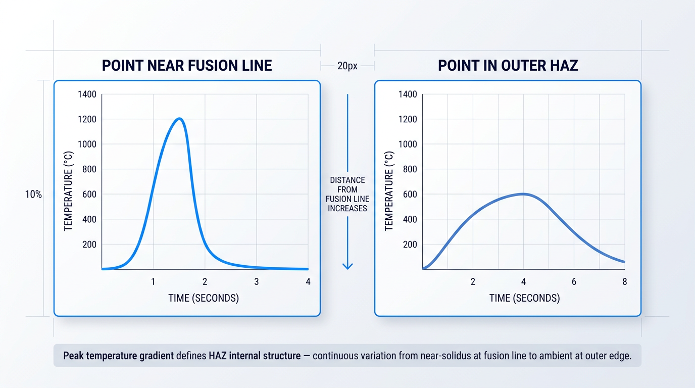Two temperature-versus-time curves comparing thermal cycles at different distances from the fusion line: steep sharp curve reaching 1200°C near the fusion line, gentler broader curve reaching 600°C in the outer heat affected zone, demonstrating the peak temperature gradient.