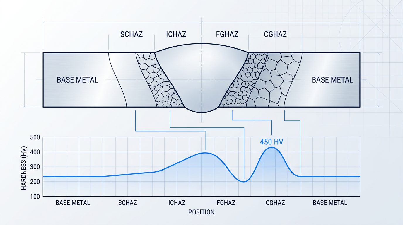Weld joint cross-section with five labeled heat-affected zones (CGHAZ, FGHAZ, ICHAZ, SCHAZ, base metal) and hardness curve below showing sharp peak in CGHAZ at 450 HV, declining through FGHAZ to base metal level.