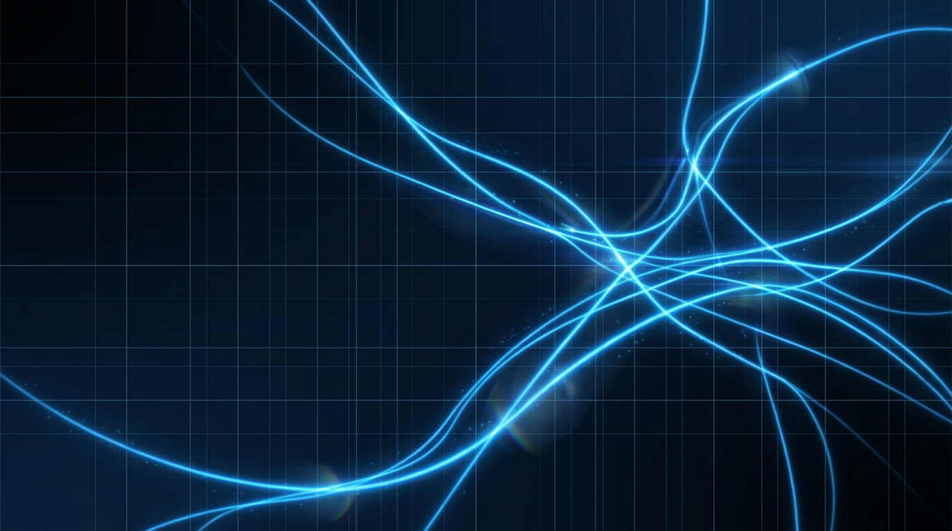 Deep navy background with glowing electric blue optical fibre light paths branching and intersecting across the frame, suggesting high-power laser transmission through fibre optic cables with subtle particle glow effects.