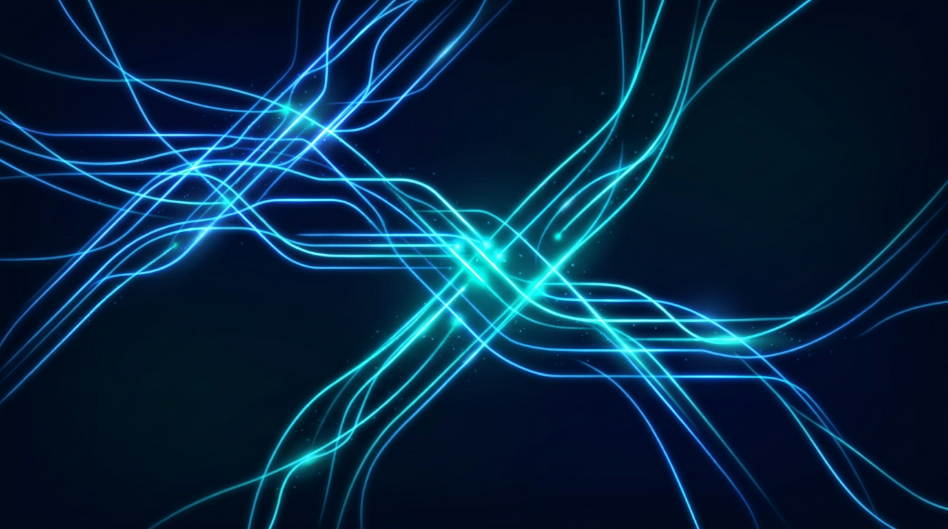Dark photonics laboratory background with glowing electric blue and cyan optical fibre light paths crisscrossing through the composition, suggesting high-power laser transmission channels with luminous intensity at intersection points.