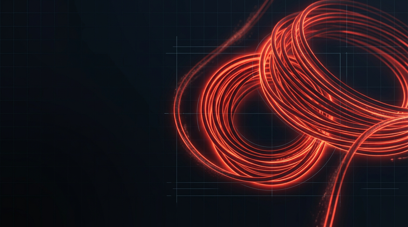 Coiled optical fibre glowing with intense infrared light against a near-black technical backdrop with subtle beam propagation effects and faint geometric grid pattern