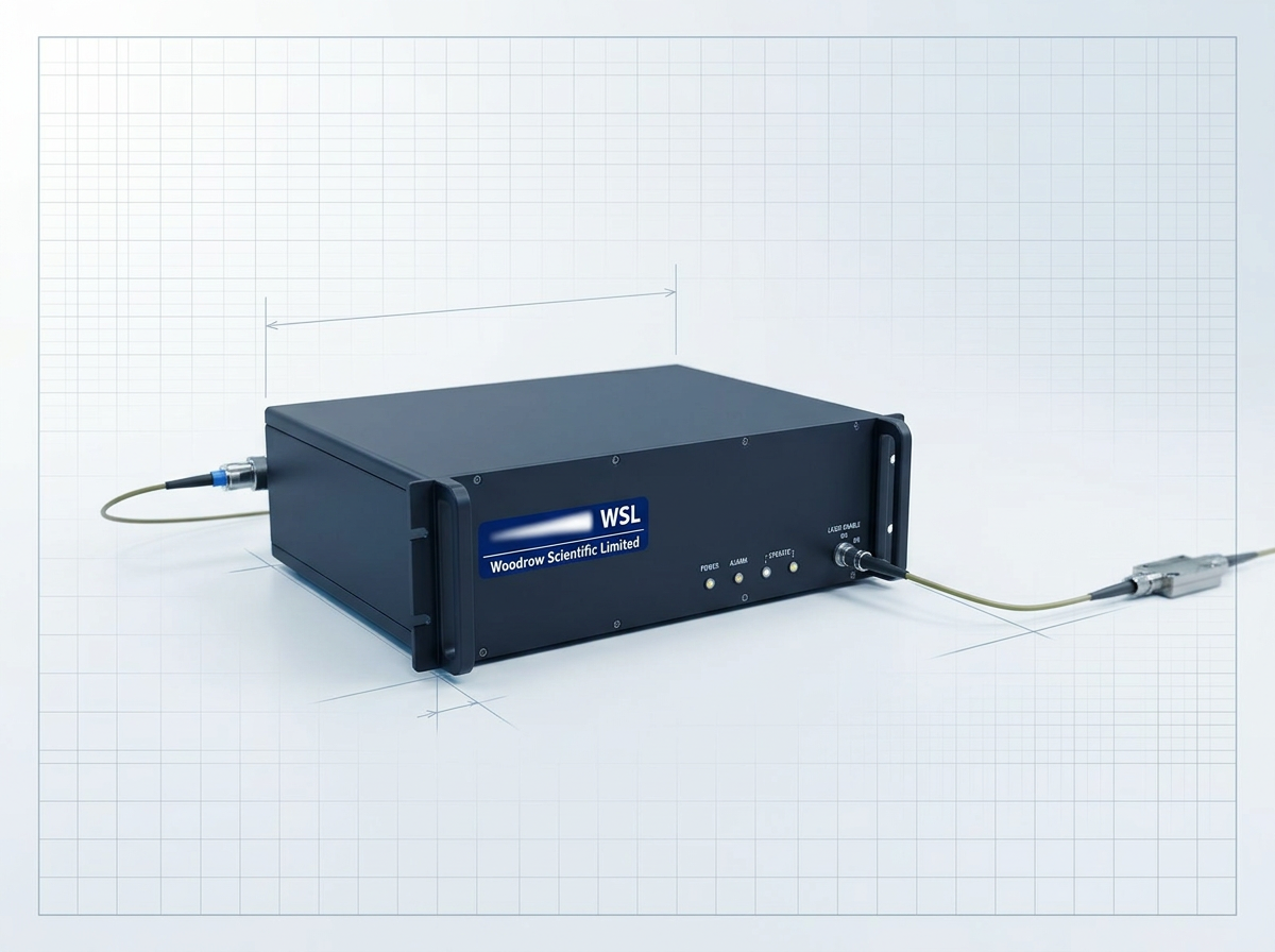 Compact custom erbium-doped fibre amplifier module with Woodrow Scientific branding on a light optical bench, delivery cable routed neatly to a fibre termination point in the background.