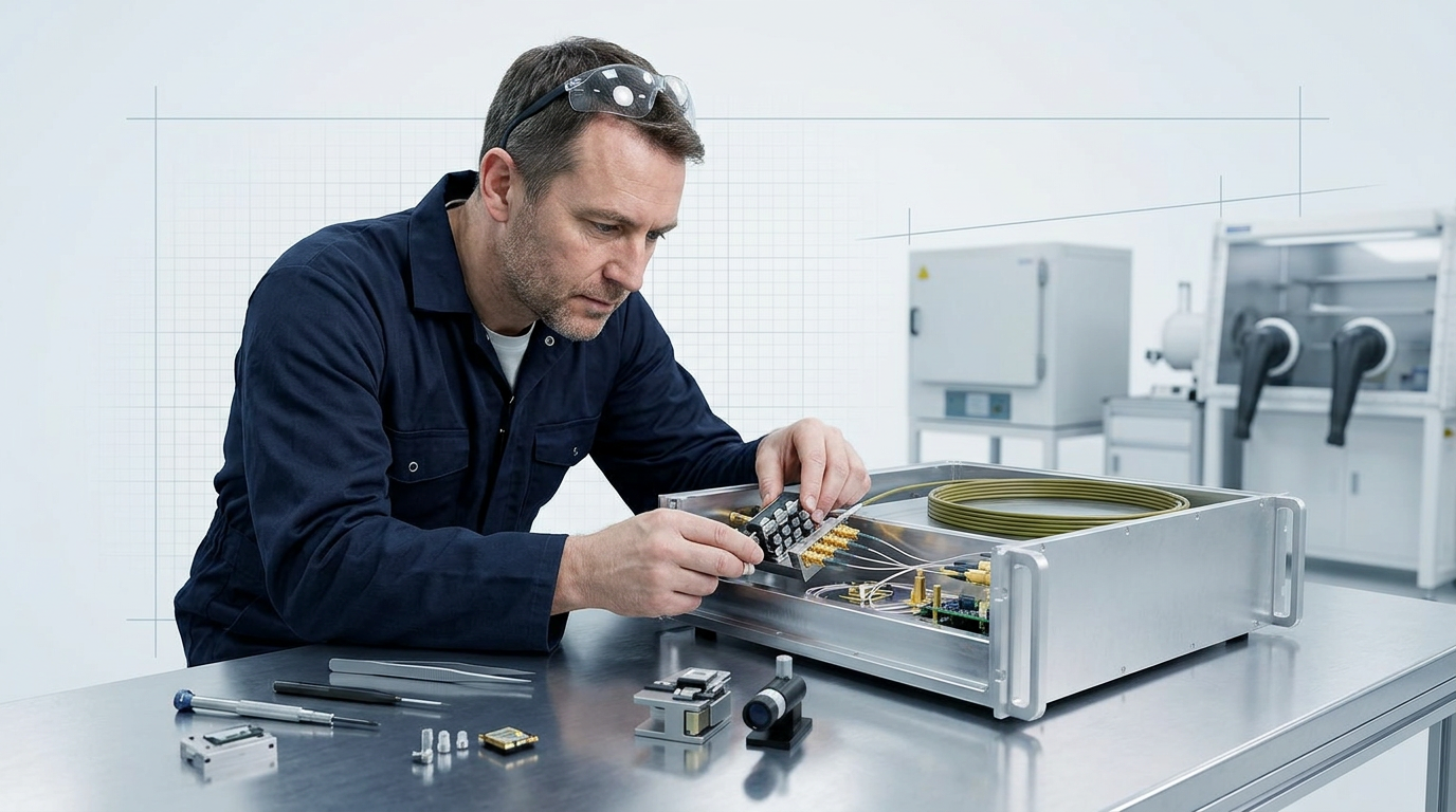 Technician in navy coveralls assembling a custom fibre amplifier module on a precision workbench in a bright, clean workshop with cool-toned lighting.