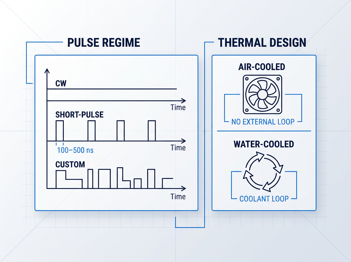Split technical diagram: left panel shows pulse regime waveforms for CW, short-pulse (100–500 ns), and custom configurations on a time axis; right panel compares air-cooled unit with fan icon to water-cooled option with coolant loop icon.