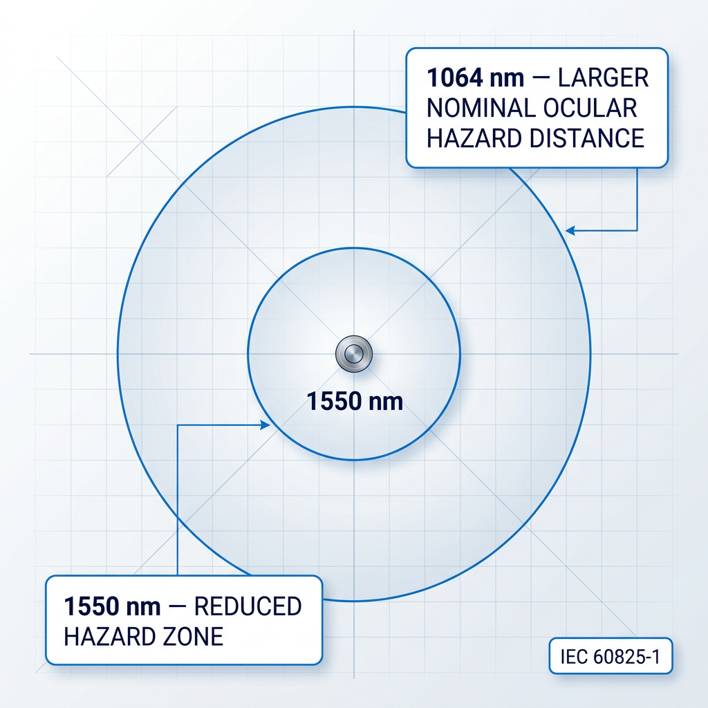 Concentric laser hazard zone diagram with 1550 nm inner zone and 1064 nm outer zone, labeled with safety standard IEC 60825-1.