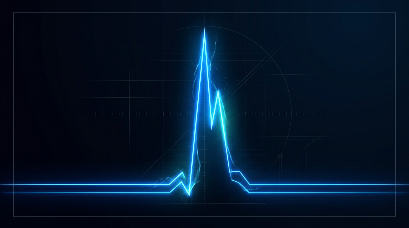 Towering electric blue optical waveform spike rising sharply from baseline against dark navy background, representing ultra-high peak power pulse above 100 kW with glowing cyan halo suggesting laser energy intensity.