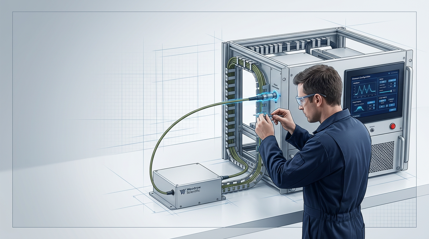 Engineering workspace showing a custom fibre amplifier module integrated into an OEM laser system chassis, with fibre connectors, control firmware interface on a display panel, and structured cable management.