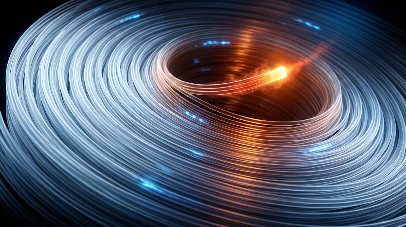 Dense spiral coil of glowing optical fibre against deep black background with blue and amber light gradients, intense infrared glow at fibre tip suggesting high-power photonics operation.